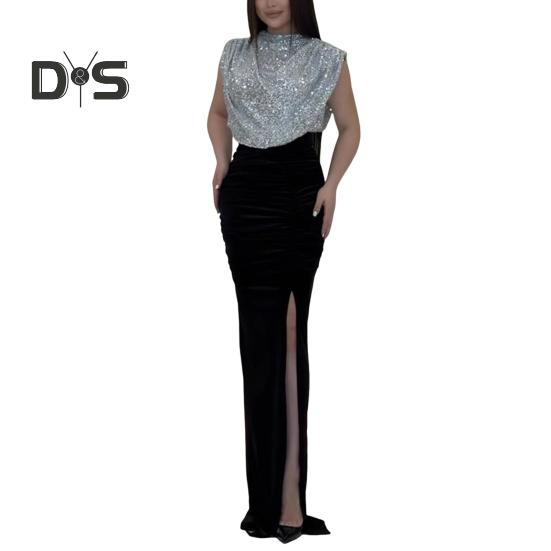 Women Glitter Dress Round Neck Sleeveless High Waist Lady Sequins Split Long Dress Evening Party Gown Dress