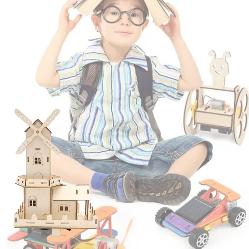 Children's Wooden Diy Dutch Windmill Science Toy Electric Light House Educational Model