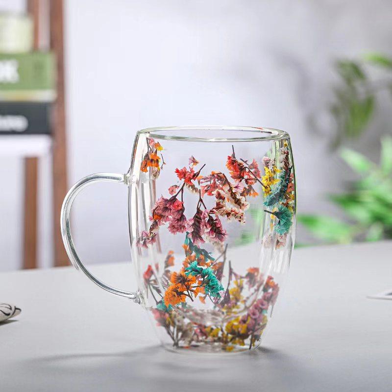 Classic Creative Double Wall Glass with Dry Flower Mug Cup Double Layer Tumbler Glitters Fillings for Coffee Juice Milk Student Gifts