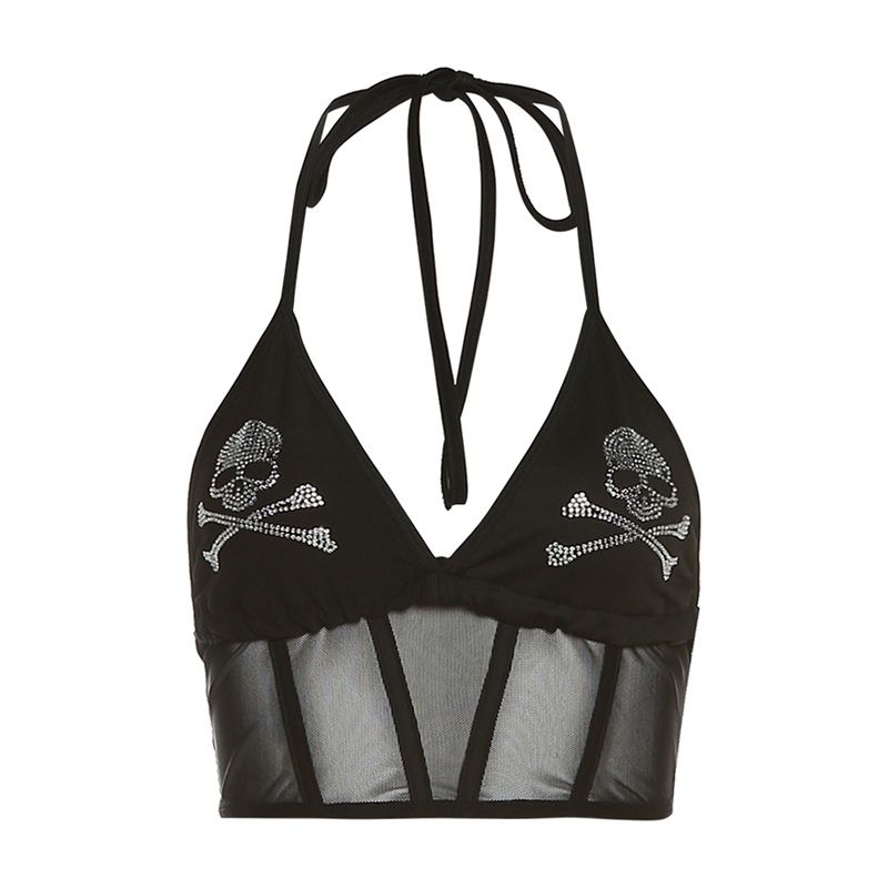 

# Sisjuly# Gothic Dark Sexy Wind Rock Skull Hot Drilling Print Tight Sleeveless Small Sling Women Black L