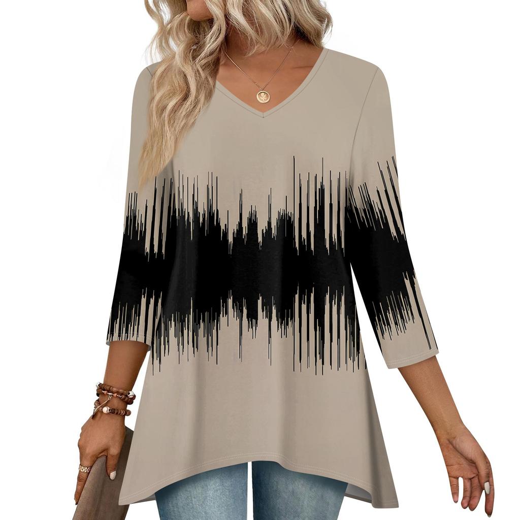 Women 3/4 Sleeve Tunic Prints Tops For  Loose Fit Casual Blouses V Neck T Shirts With Asymmetrical Hem