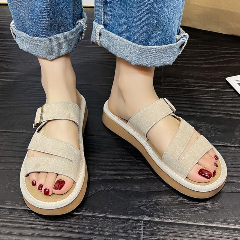 Fashion 2025 Women's Flat Thick Sole Sandals Non Slip One Buckle Summer Outdoor Slippers for Pregnant Women Casual Wear with Skirts