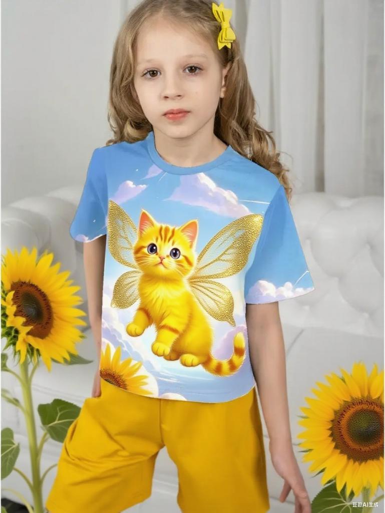 Girl Clothes Cute Wing Cat 3D Print Short Sleeve Tees Casual Round Neck Kids T-Shirt Tops Fashion Streetwear Children's Clothing