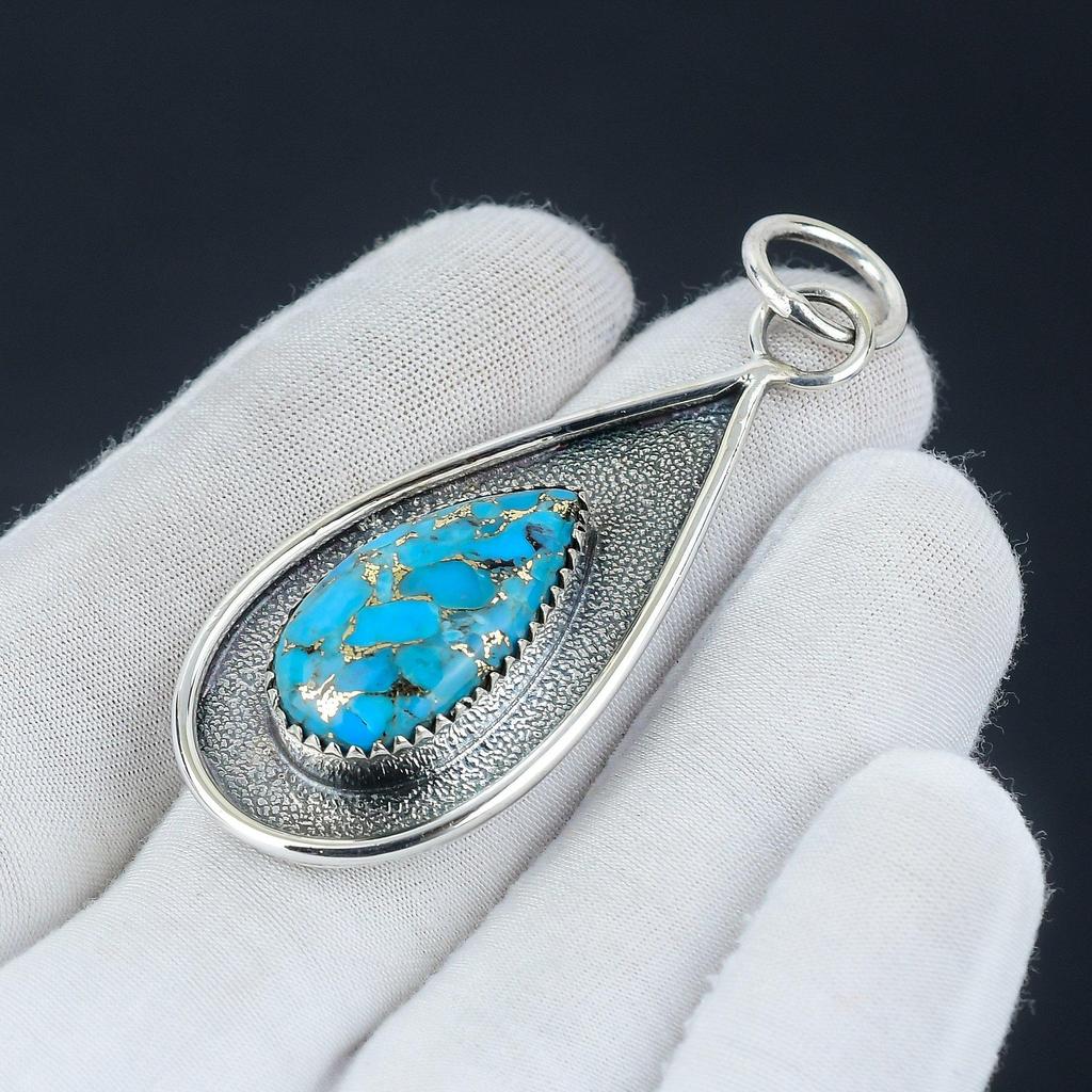 Wisiorek z turkusu niebieskiego miedzianego, Wisiorek ze srebra próby 925 z turkusem, Wisiorek z kamieniem szlachetnym w kształcie gruszki, Piękny wisiorek z turkusu niebieskiego miedzianego