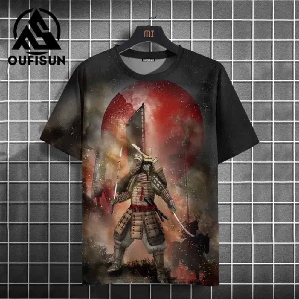 T-shirt för män i japansk stil med tryckt krigarmönster, avslappnade lössittande kortärmade t-shirts, överdimensionerade herrkläder, toppar, sommar