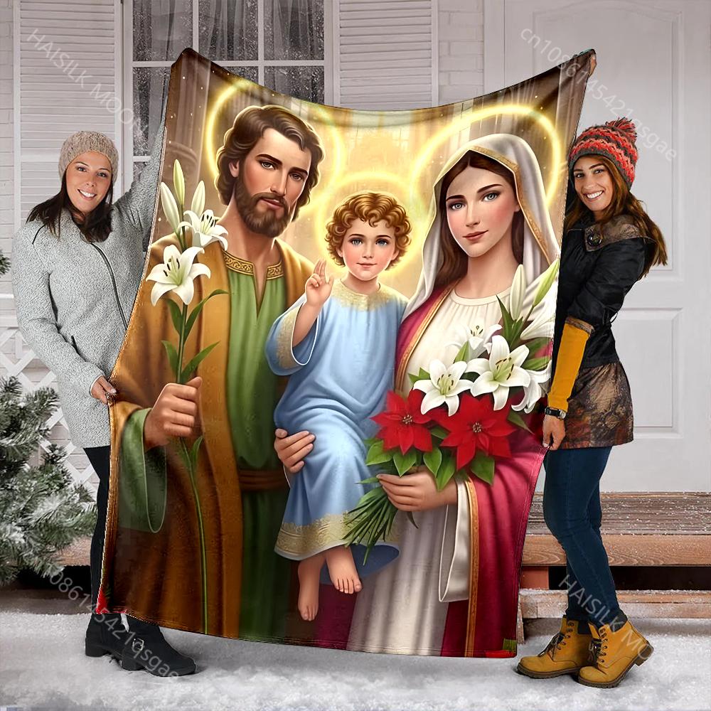 1PC Holy family with flowers Faith-printed Flannel Blanket Soft and Warm Suitable for Home Travel Picnics Camping and RV Use
