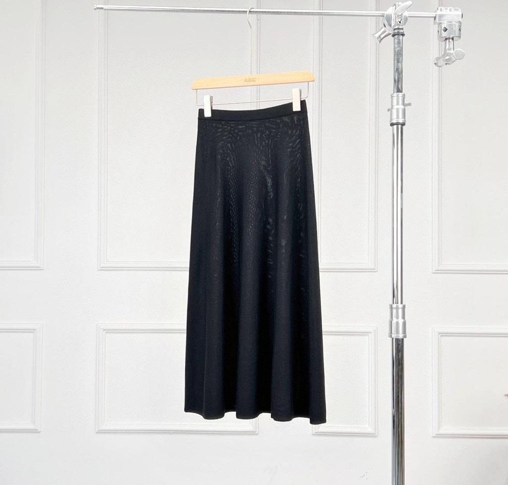 Black Label Women's A-Line Knitted Midi Skirt, Elastic Waist, Yangtze Yarn 2-Ply 48s Wool, Black Grey