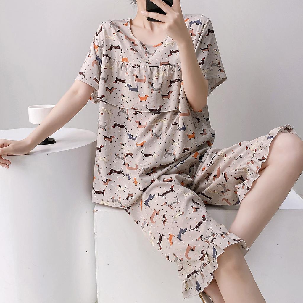 1011 New anti-bump cotton and silk pajamas women's summer ultra-thin short-sleeved trousers cotton and silk set large-size loungewear