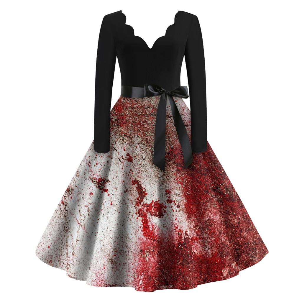 Women's Casual Fashion Halloween Printed V-Neck Vintage Dress