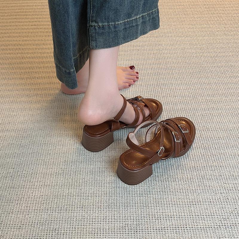 Holiday wind summer fashion outer wear open-toed sandals thick heel belt buckle stepping on shit feeling retro middle heel Roman sandals women