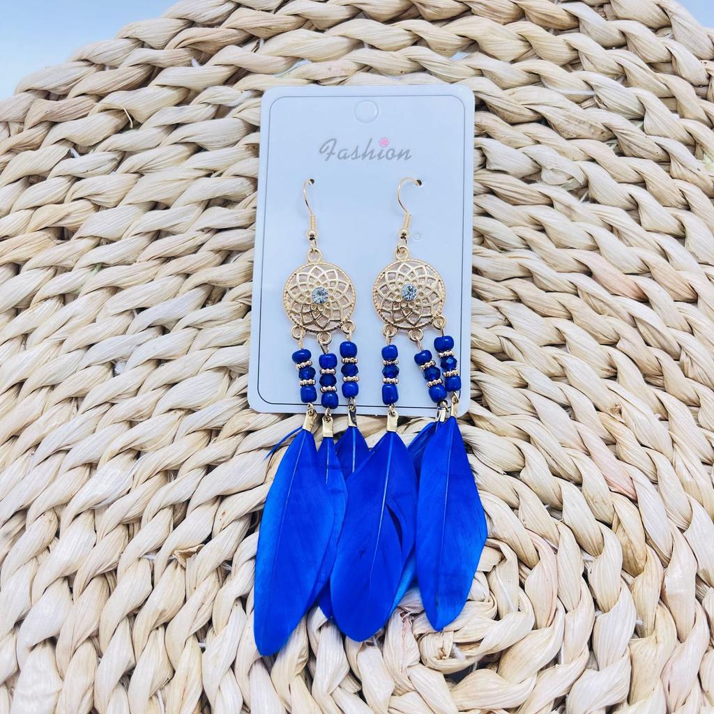 Vintage Bohemian Feather Tassel Earrings Exaggerated Ethnic Vacation Dangle Ear Jewelry Fashion Accessories For Women