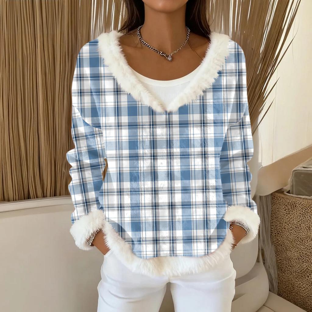 Dammode Plysch V-ringad Pullover Topp Långärmad T-shirt Tryckt Sweatshirt