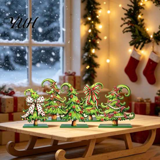 Vintage Cartoon Style Ornaments 5 Pcs Wooden Tabletop Christmas Tree Signs, Rustic Standing Green Festive Party Table Decorations Desktop Ornament