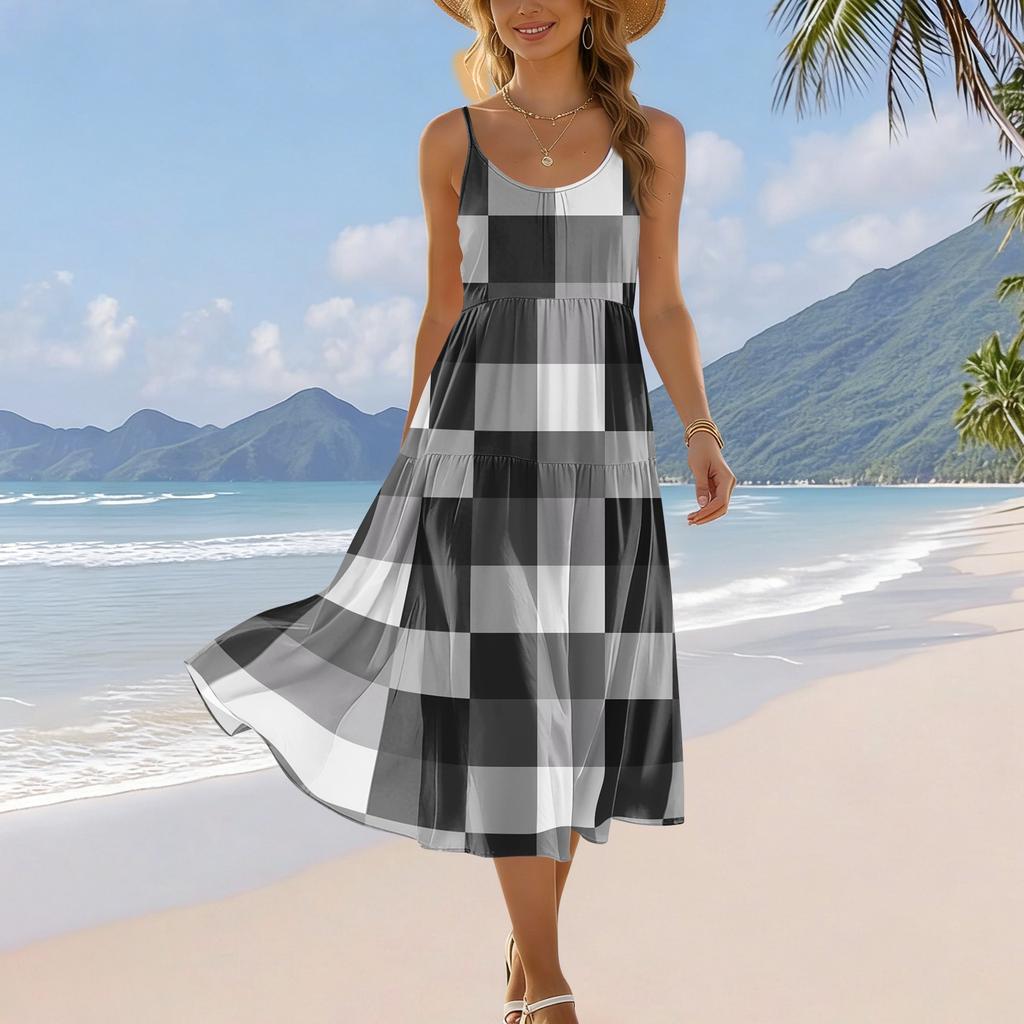 Damen Sommer Karo-Print Verstellbarer Träger Ärmellos Bohemian Lässig Strand Urlaubs Midi-Kleid mit Taschen