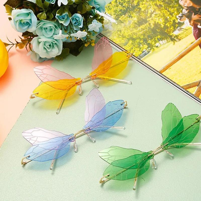 Modische Schmetterlings-Sonnenbrille, randlose Libellenflügel-Sonnenbrille für Damen, Vintage, klare Ozeanlinse, Brillen, Fahrradbrille, UV400
