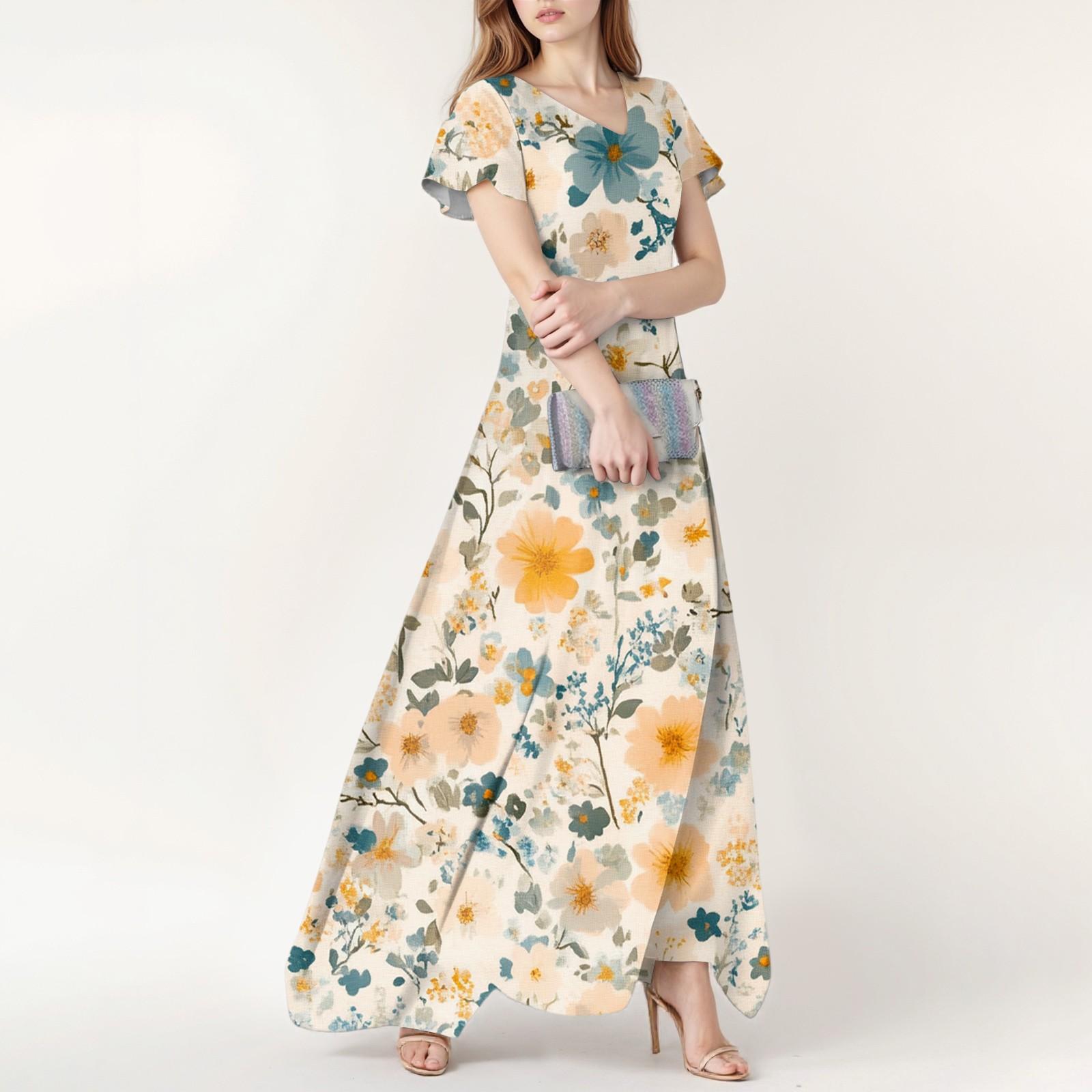 

Women s Spring And Summer Casual Fashion Floral Print Dress V Neck Short Sleeve Dress M бежевий