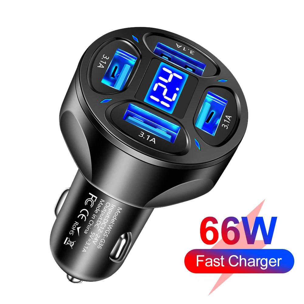 66W 4 In 1 Car Charger With Digital Display 4 Ports USB 3.0 Mobile Phone Charger Adapter For IPhone 14 Pro Max