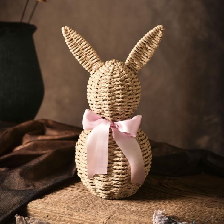Artistic Woven Faux Rattan Easter Bunnies Figurine Decoration with Bowknot for Farmhouse Home Decors Festives Ornament
