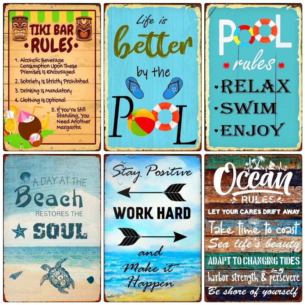 Beach Metal Tin Sign, Vintage Summer Beach Plates, Relax Wall Sign, Pool Tiki Bar Pub Seaside Ocean, Happy Place, Decor WY161