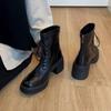 Blaue Schrank-Edition~ High Heel Dicke Sohle Vielseitiges Temperament Martin Stiefel Damen Weiches Leder Wasserdicht Tisch Schnürung Seitlicher Reißverschluss Elastisch Sh