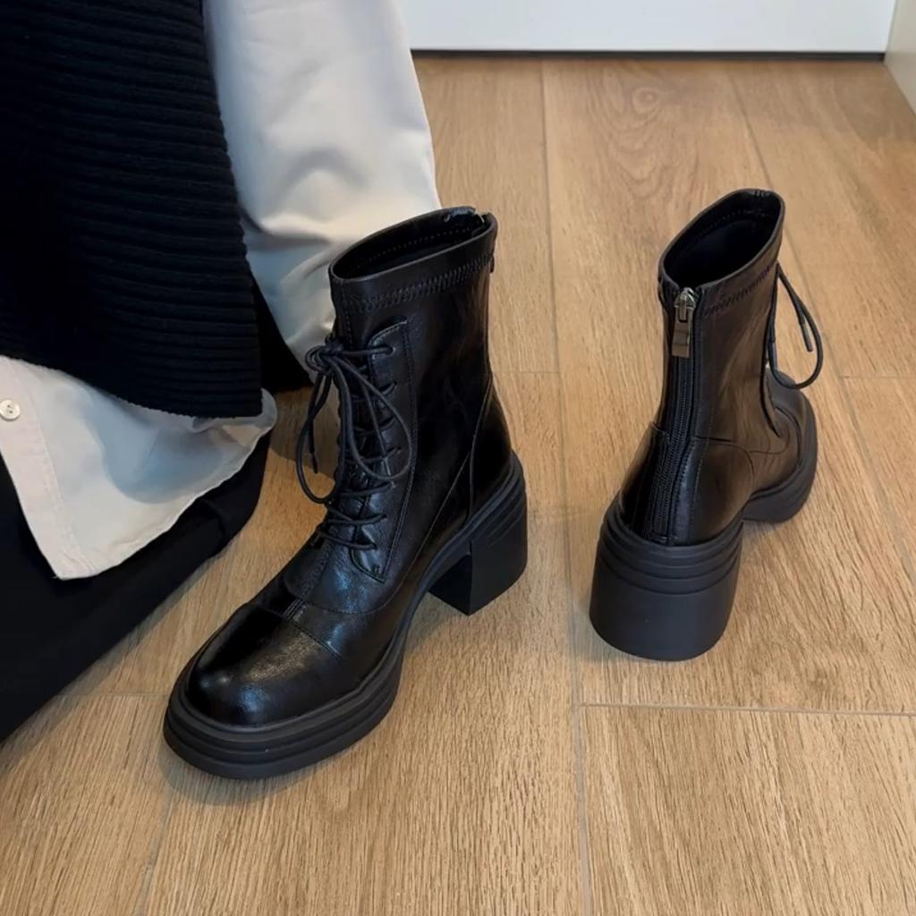 Blaue Schrank-Edition~ High Heel Dicke Sohle Vielseitiges Temperament Martin Stiefel Damen Weiches Leder Wasserdicht Tisch Schnürung Seitlicher Reißverschluss Elastisch Sh