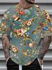 Men'S Plus Size Floral And Bird Print Shirt, Casual Summer Streetwear, Polyester, Washable, Crew Neck, Bright Blue Background with Delicate Floral And