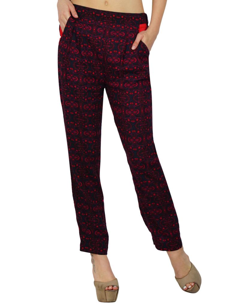 Bimba Women Red Printed Trouser Casual Pants With Pocket Boho Clothing