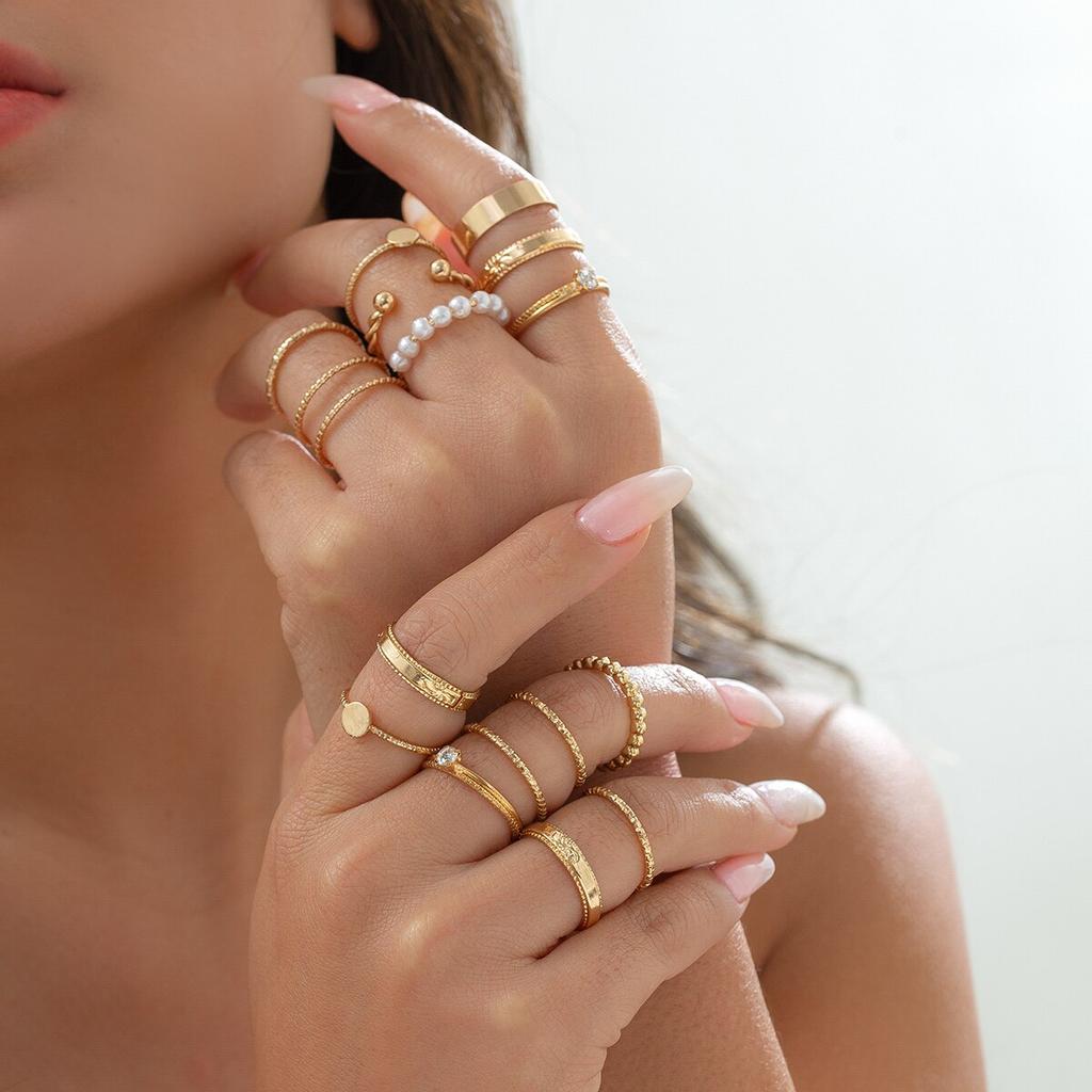 16Pcs/Set Vintage Gold Color Zircon Rhinestone Rings Set for Women Wed Bridal Boho Geometric Rings Jewelry Gift Y2K Accessories