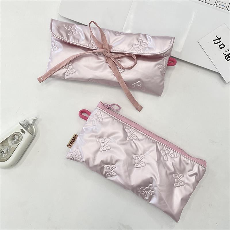 Sweet Quilted Bow Love Flap Pencil Case Organizer Coin Purse  Girly Cosmetic Bag Women Portable Sundries Storage Bag Gift