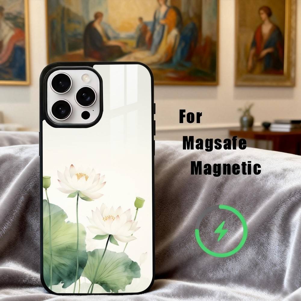 E-Emerald W-White Lotus Phone Case For iPhone17,16,15,14,13,12,11 Plus,Pro Max Magnetic For Magsafe Wireless Charging