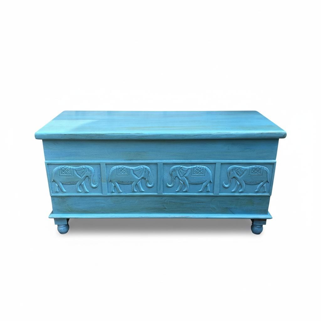 Wooden Trunk Chest Box Storage Coffee Table, Indian Carved Blue Elephant Design Storage Box Decor Furniture-Central Box  Blanket Box