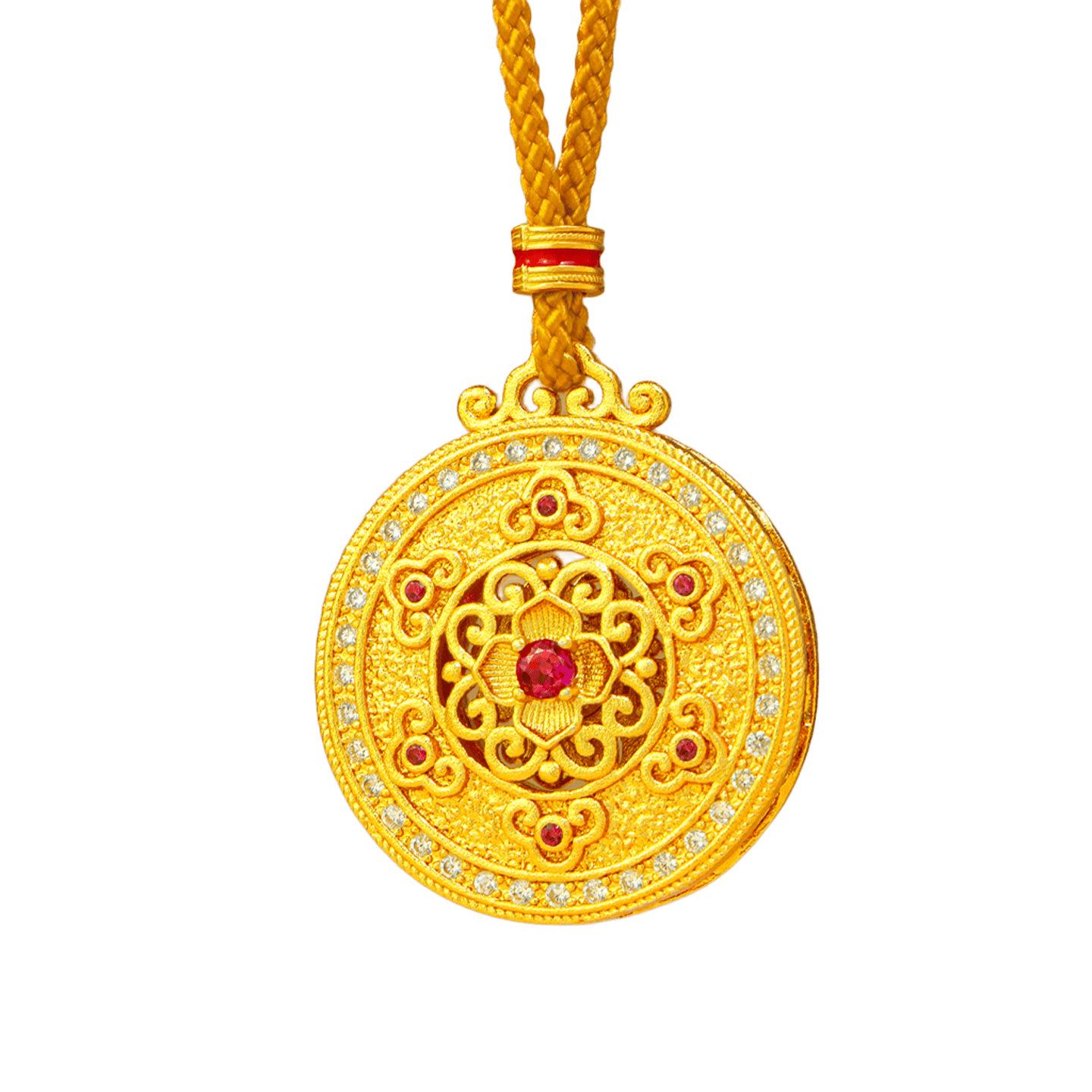 Ruyi Compass Pendant: Rose Red, Gold-Tone Filigree, Rhinestone Embellishments, Elegant Retro Style for Women