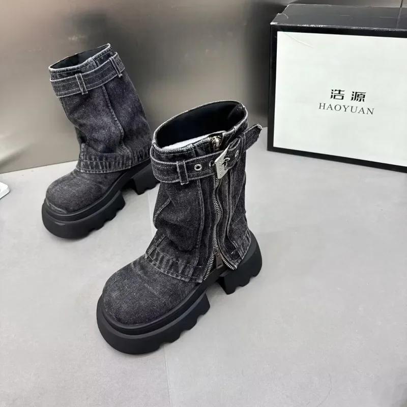 Fashion Denim Women Boots for Cowboy Mid-calf Boots Zipper Ladies Platform Boots Mid Heels Designer Shoes 2025 Motorcycle Boot Zapatos