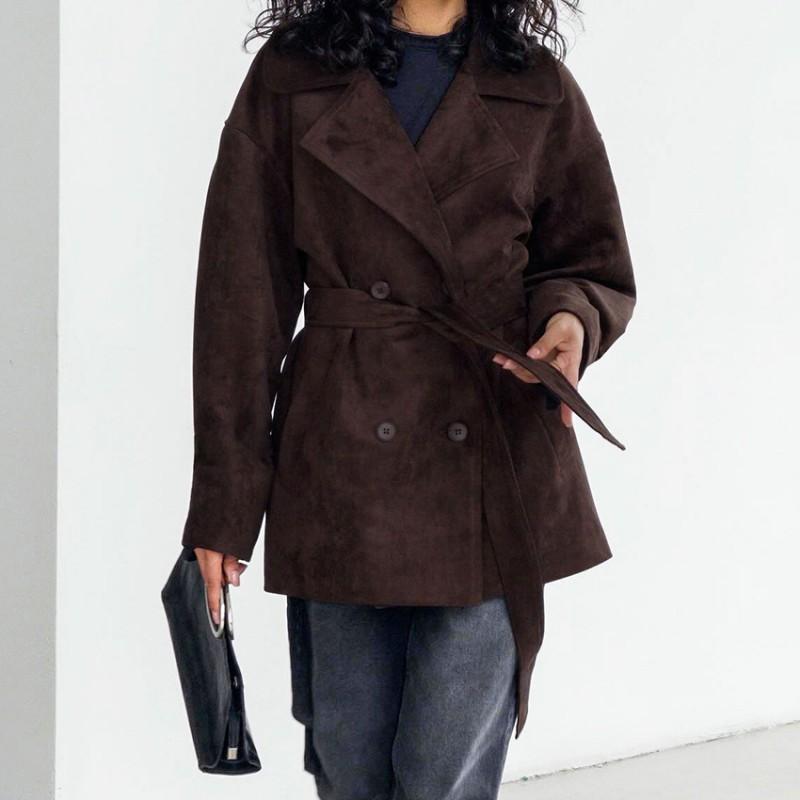 Vintage Brown Suede Jacket Women Elegant Fashion Coat Fall Winter