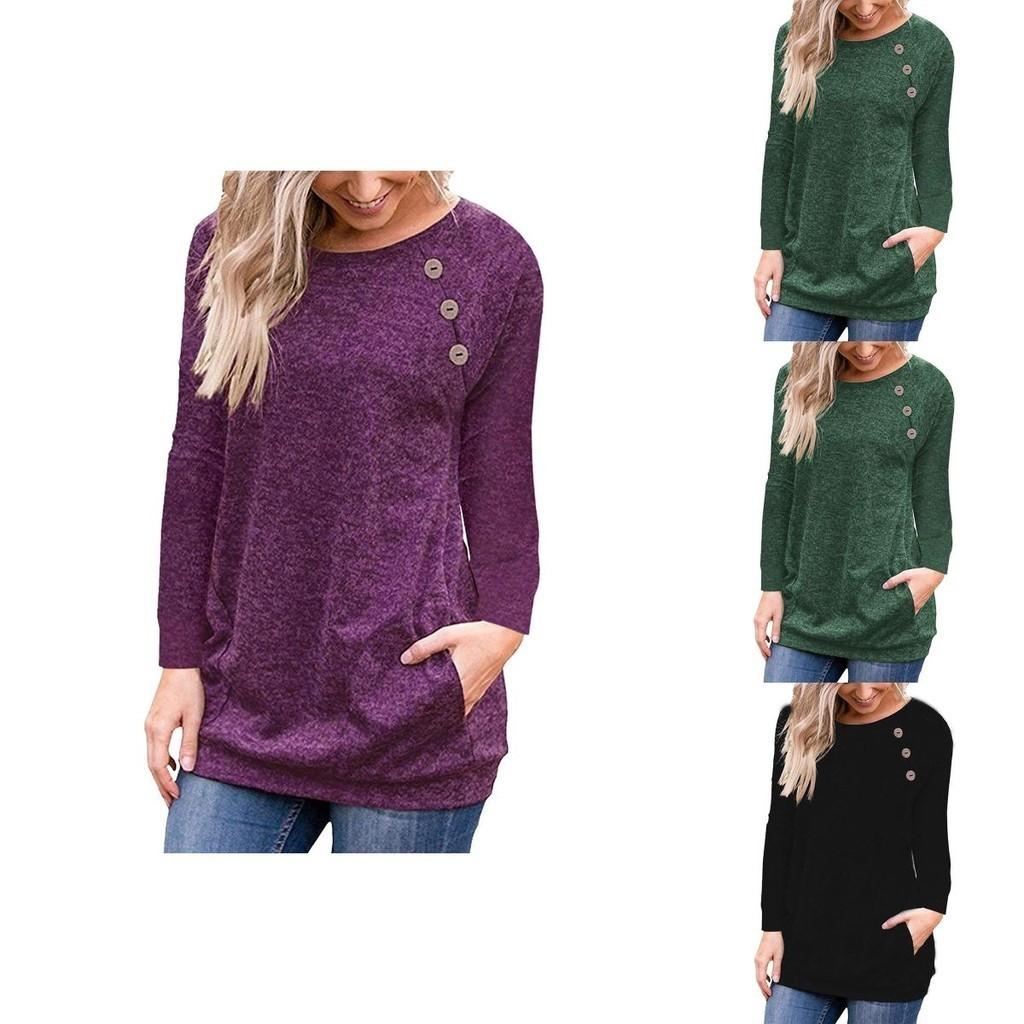 Stylish Women's Pullover Long Sleeve Solid Button Sweatshirt Top For Casual Wear