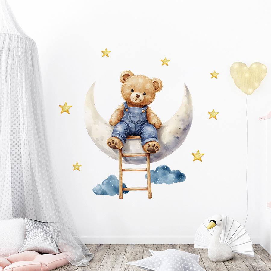 Cartoon Teddy Bear Sitting On Moon Self Adhesive Wall Stickers for Kids Room Nursery Baby Bedroom Decoration Decals