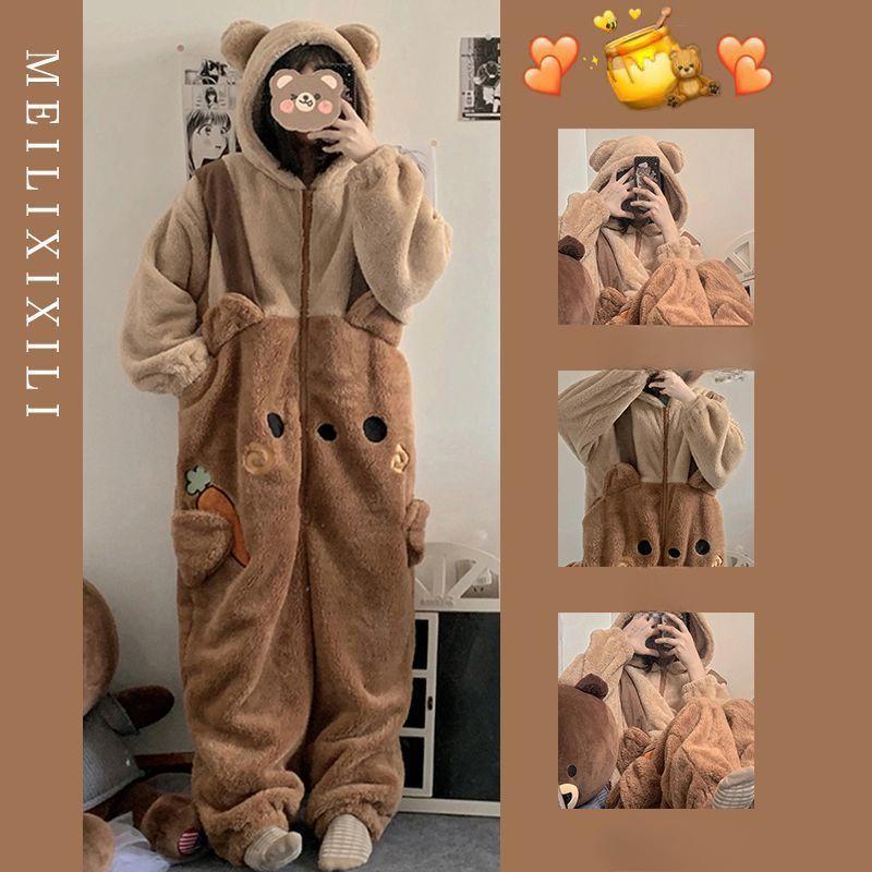 Cute Cartoon Fleece Pyjama Flannel Robes Women High Quality Onesie Adults Animal Pajamas Set Women Men Warm Winter Bear Sleepwear