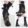 Scaldamani da donna giapponesi con cinturino e fibbia, jeans effetto invecchiato con croci e stelle, Harajuku Punk, coprigambe a zampa d'elefante, calze lunghe ampie