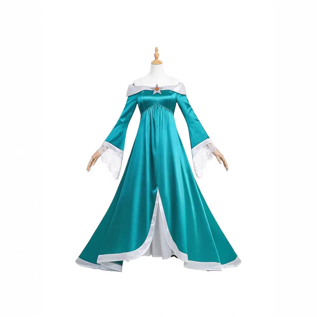 Rosalina Green Satin Court Long Dress for Mario Cosplay
