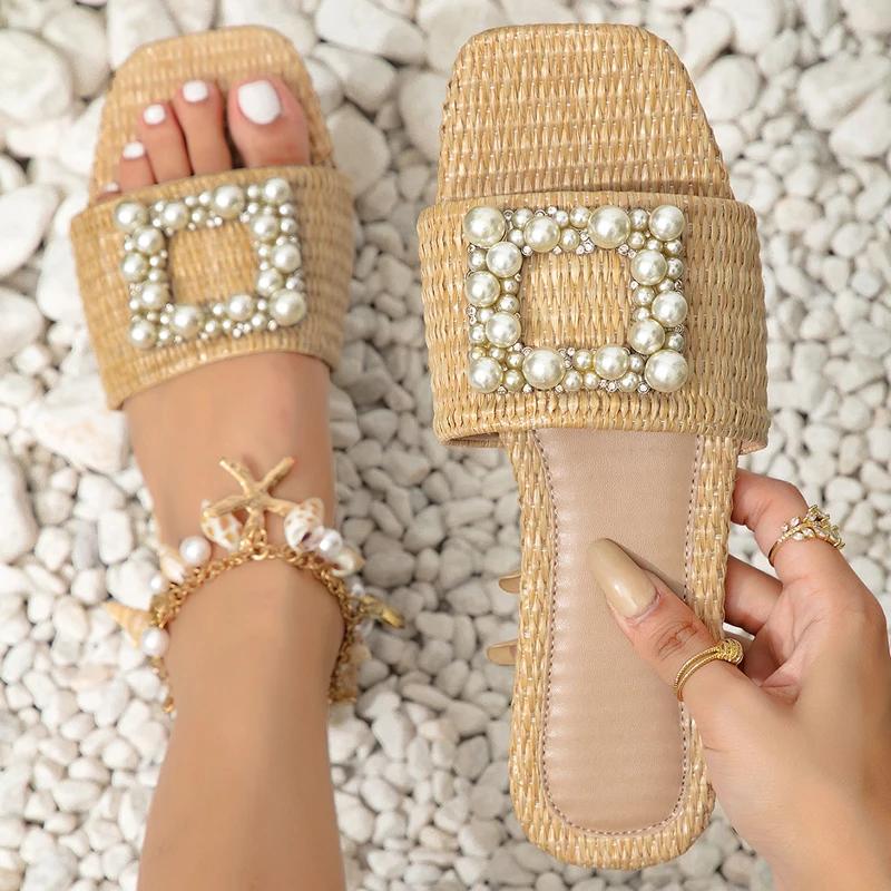 Fashion Eilyken Summer Women Slippers Fashion String Bead Square Toe Flat Heels Casual Outdoor Beach Shoes Ladies Sandals