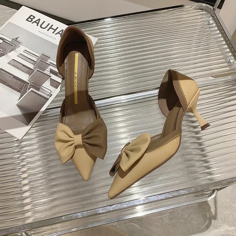 Fashion 2024 New Pointed High Heels for Women in Spring, Summer, and Autumn Korean Fashion Slim Heel Bow Single Shoe for Women