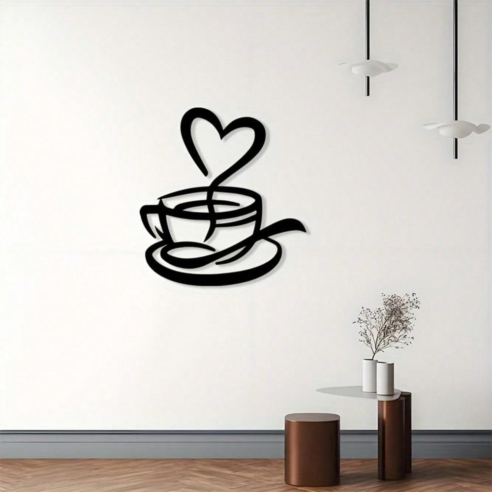 Heart Metal Wall Art Minimalist Coffee Cup Decor 2D Black Ironwork Kitchen Cafe Gift For Coffee Lovers