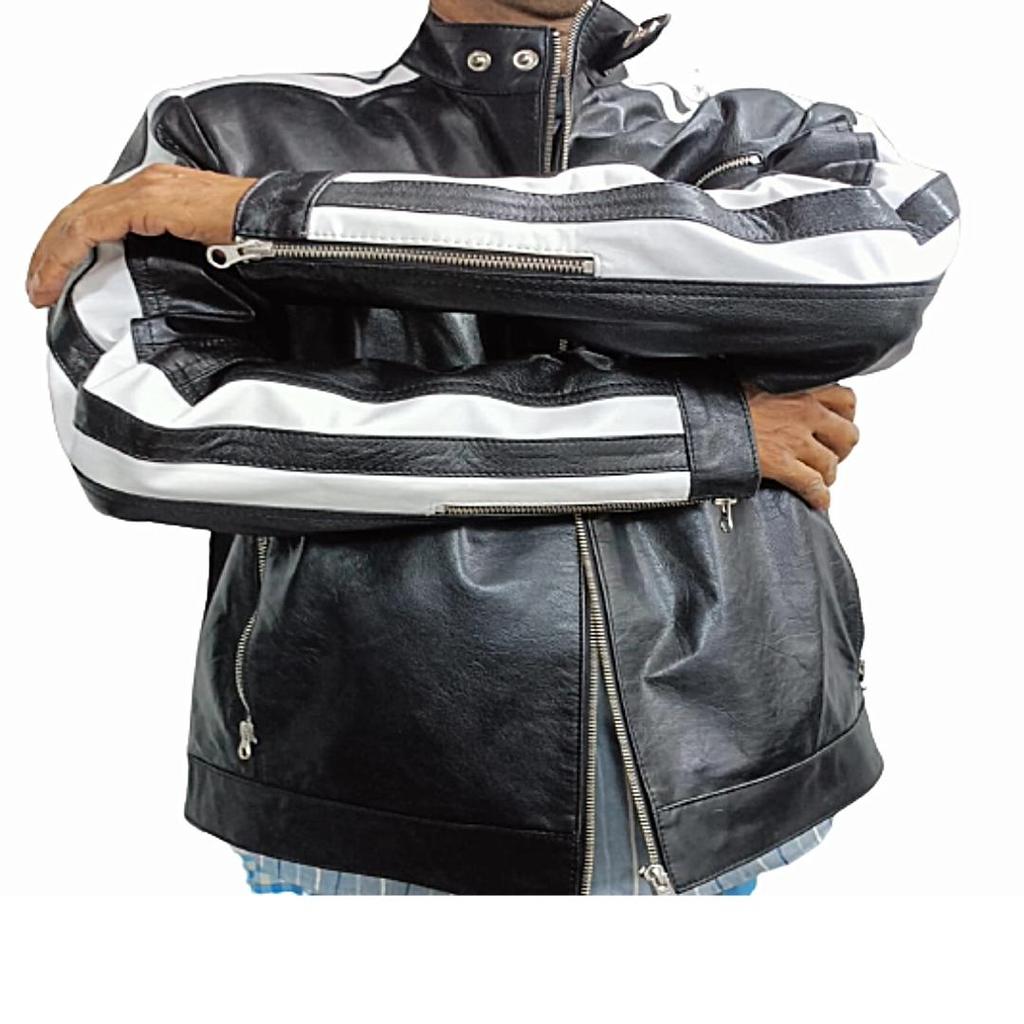 Men's Biker Jacket,Motorcycle Jacket, Bomber Style Jacket, Zipper Jacket, Black & White Leather Jacket, Moto Style Slim Fit Jacket, Gift For Men