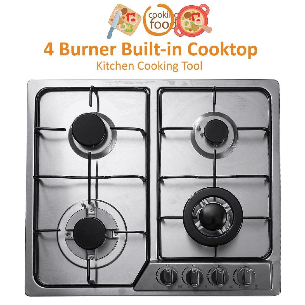 Natural Gas Hob Kitchen Cooking Appliance Cookware Gas Cooker Silver + Black 4 Burner Built-in Cooktop Stainless Steel Gas Stoves 58*50cm