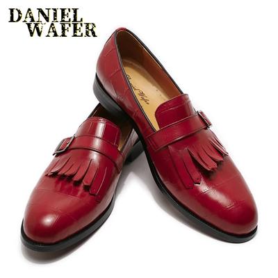 Fashion Luxury Men's Loafers Fashion Casual Men Dress Shoes Handmade Stone Print Buckle Strap Slip On Black Red Genuine Leather Shoes