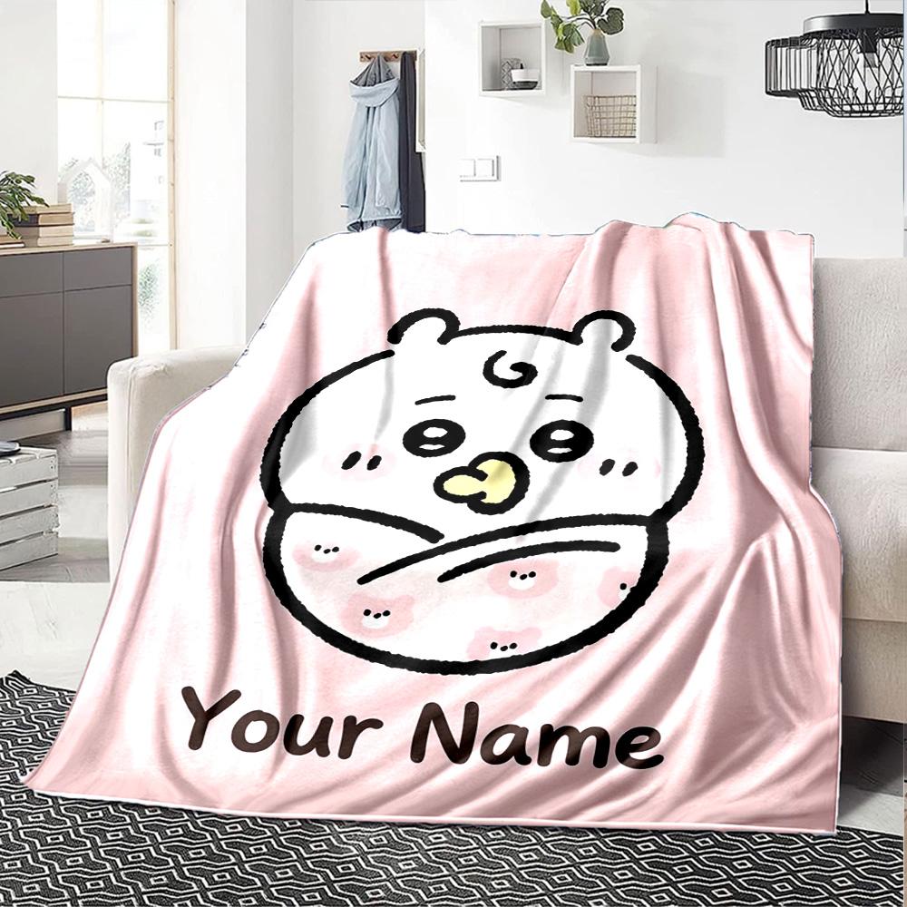 1pc Chiikawa Blanket with Custom Name, Gift, for Men and Women, Soft Blanket, Good for Sofa Bed Couch Travel, Lightweight Flannel Blanket