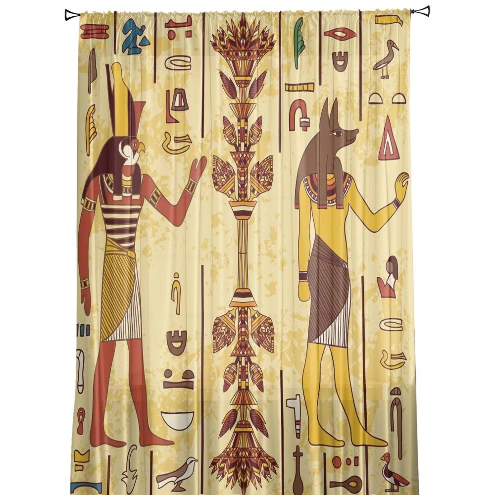 Egypt Pharaoh Golden Yellow Mural Antique Soft Tulle Transparent Drapes Perfect for Living Room Decoration Window Panel Curtain Ideal for Bedroom