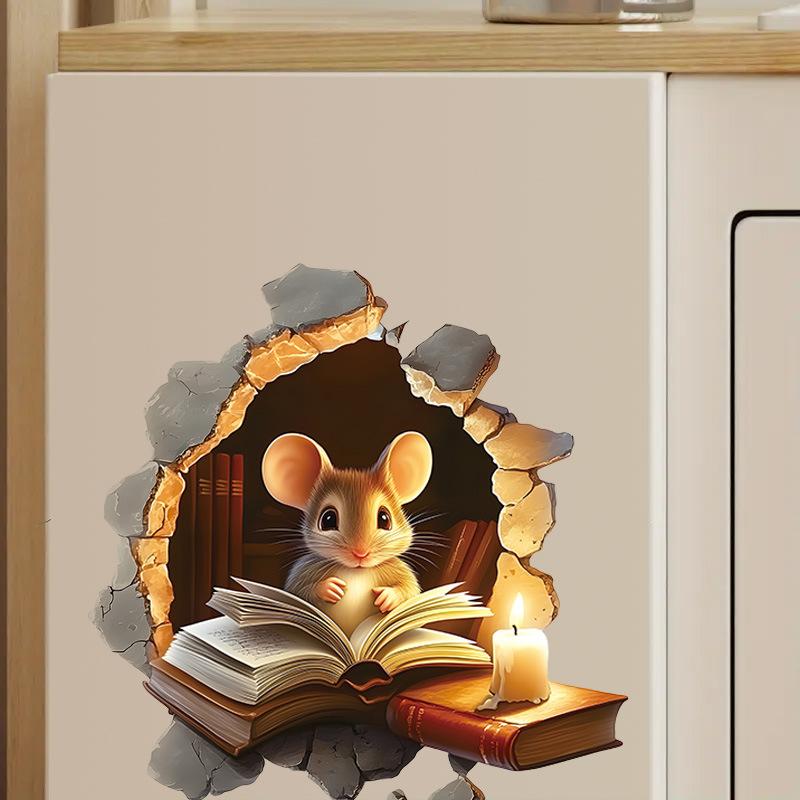 Creative Cartoon Mouse Reading Book in Mouse Hole Wall Sticker Self-Adhesive Removable for Kids Room Study Room Classroom Home Decor Art