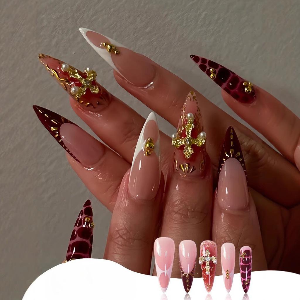 24 Stück Mandel-Press-On-Nägel mit Leopardenmuster und Mini-Blumen-French-Tips, Retro Süß Cool Acryl-Fingernägel