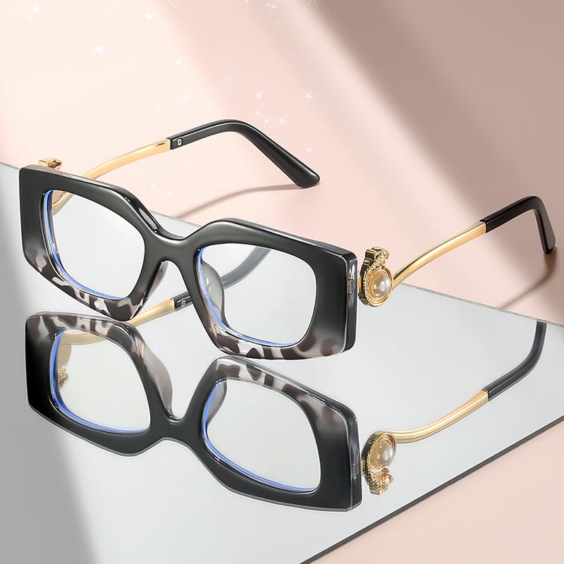 New Small-Frame Cat Flat Light Glasses With Metal Imitation Pearl Temple And Fashionable Decorative Anti-Blue Light Glasses